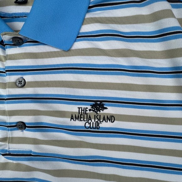 Footjoy Polo Shirt Mens Large Blue Beige Striped Short Sleeve Amelia Island Club - Picture 8 of 16